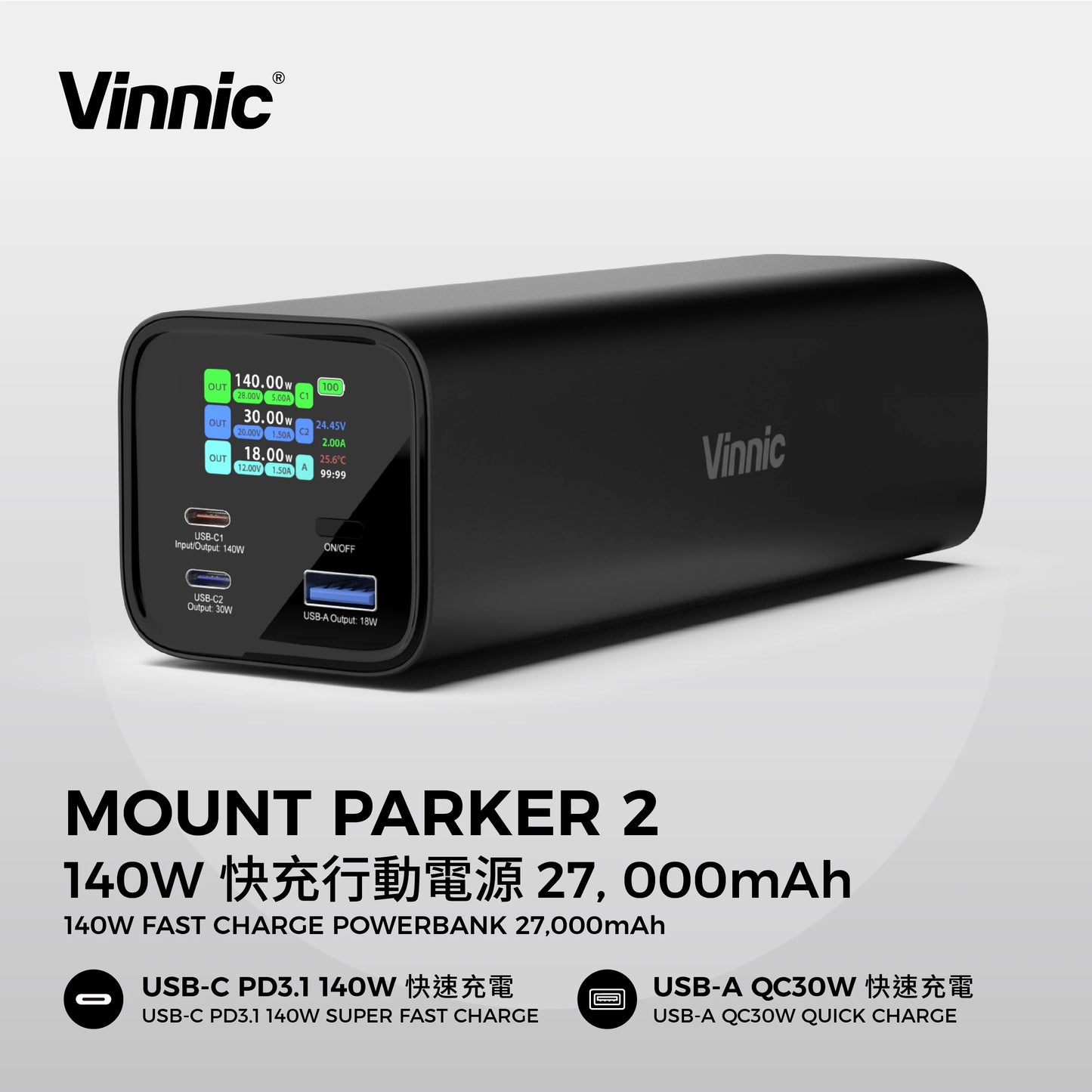 【尿袋耐力王】Vinnic Mount Parker 2 140W 27000mAh 行動電源